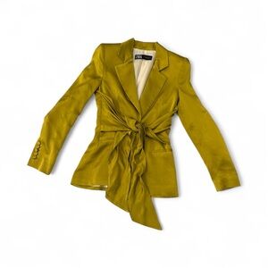 Zara Women's Olive Green Gold Satin Suit Set With Belt Size XS